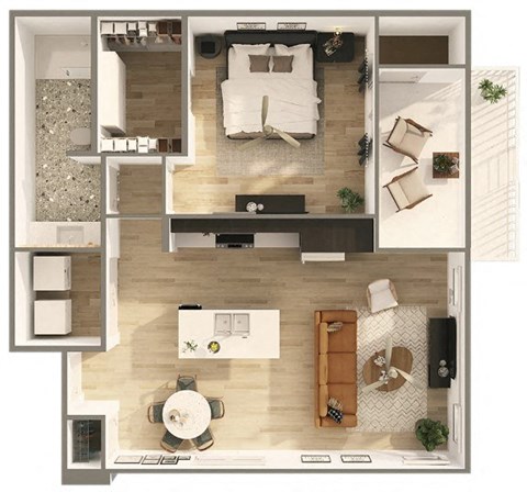 A floor plan of a modern apartment with a living room, kitchen, and dining area.